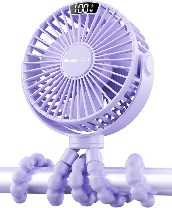 SWEETFULL Portable Stroller Fan with LED Display, 4 Speed Rechargeable Mini Clip On Fan, Built-in Non-Removable Rechargeable Battery,Sealed housing by SWEETFULL