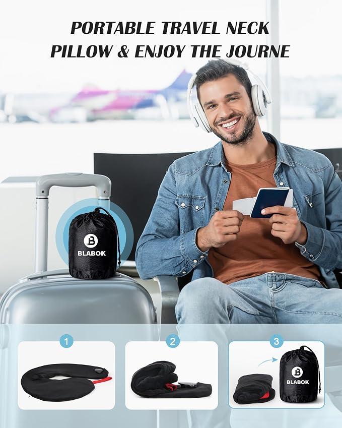 Patented Design Inflatable Travel Neck Pillow – Airplane Neck Pillow with 360° Head & Neck Support, Soft Washable Velvet Cover, Compact Neck Support Pillow for Airplane,Train,Car,Office & Home (Black) - Image 7