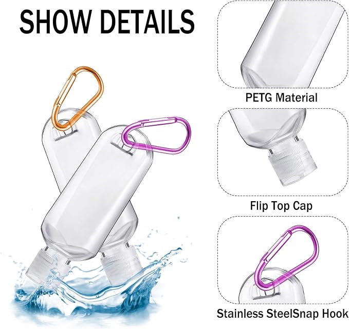 HATTIE 6 Pack Travel Plastic Clear Keychain Bottles 50ml/2oz Portable Leakproof Squeeze Small Bottles With Flip Cap Refillable Empty Containers for Lotion Soap Toiletry - Image 3