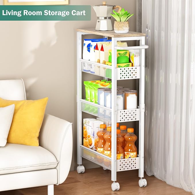 Vivihomety 4-Tier Slim Utility Rolling Laundry Cart with Wheels, Metal | Narrow 7.1" wide, Lockable wheels, wood top panel, metal frame, with handle, for laundry, bathroom, kitchen, white - Image 6