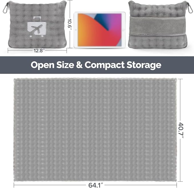 Gray Travel Blanket for Airplane, Portable Soft Flannel with Pouch & Clip | Skin-Friendly Flannel, Lightweight Portable Design with Clip, Hands-Free Carry, Essential Travel Gear for Frequent Flyers - Image 4