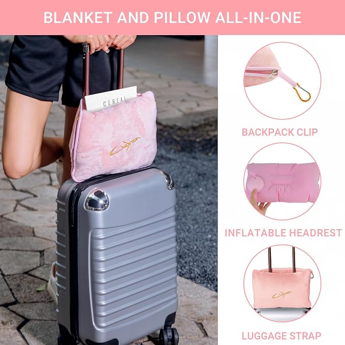Travel Blanket and Pillow Set, 300 GSM Soft Fleece, 60x43 Inches, 3-in-1 Compact with Bag, Pink - Image 2