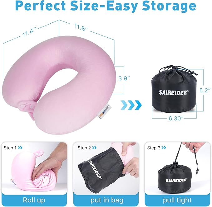 SAIREIDER Travel Neck Pillow 100% Pure Memory Foam Airplane Pillow for Head Support,Soft Adjustable Pillow for Plane, Car & Home Recliner with Storage Bag (Pink) - Image 6