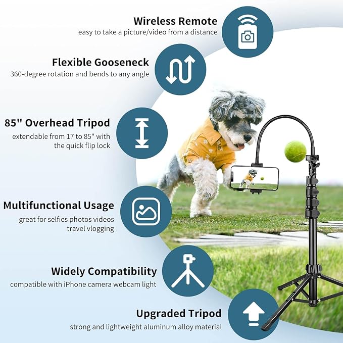 Selfie Stick Tripod, 85" Phone Tripod, Aluminum Tripod Stand for Video Recording Photo Vlog, Travel Cell Phone Tripod with Gooseneck/Remote/Phone Holder, Compatible with iPhone Android Smartphone - Image 5
