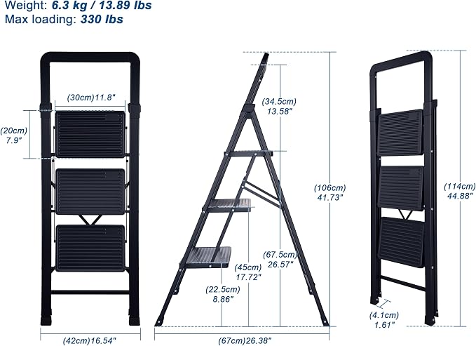 Step Ladder 3-Step Black Finish Folding Ladders | Anti-slip Sturdy Foldable Ladder Step Stool for Kitchen Home Office Libaray - Image 2