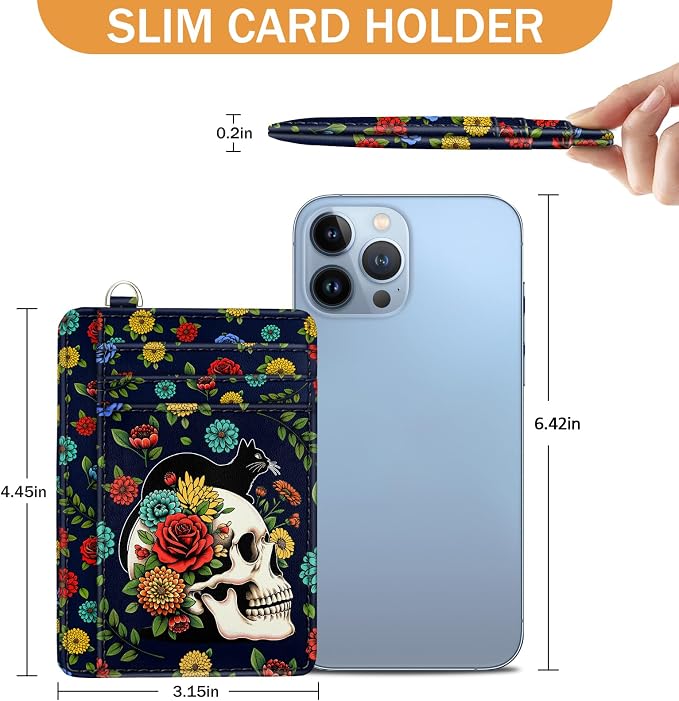 Yonlevres Cat Skull Credit Card Holder Slim RFID Wallet Women Small Travel | Front Pocket, Handy, RFID Blocking, Woman Girls Ladies Gifts, D-ring for Keychain,Thin Mini Card Case, ID Window, PU Leather - Image 6