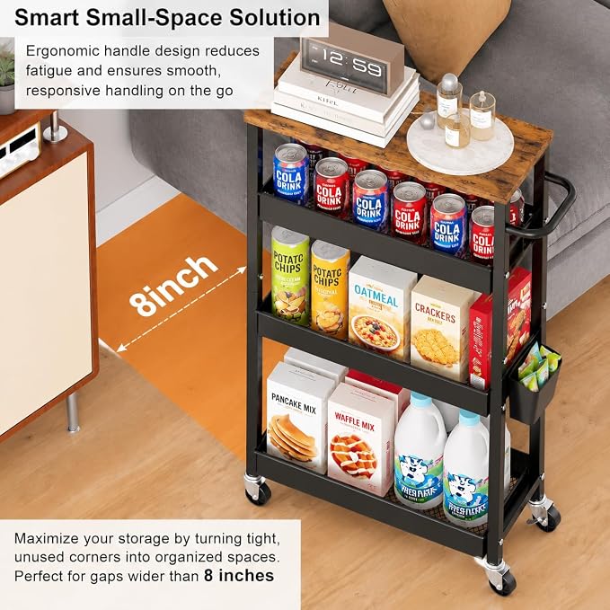4 Tier Slim Rolling Storage Cart with Wheels for Between Washer and Dryer | Metal Narrow Kitchen Cabinet, Laundry Room Organization and Storage Shelf, 8In Skinny Detergent Organizer for Small Space - Image 4