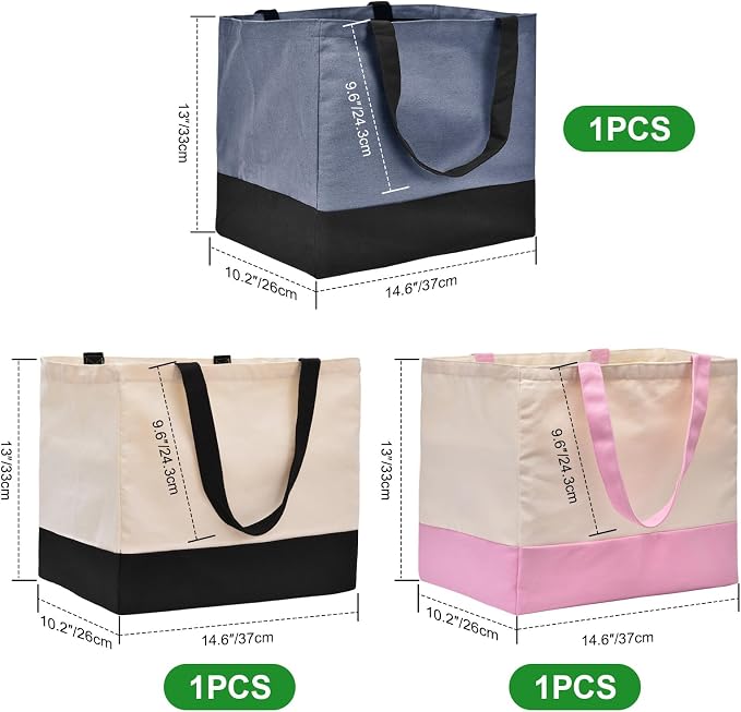 3 Pack Canvas Reusable Grocery Bags Heavy Duty（Blue + Pink + Black）, 8.3 gal Foldable Large Tote Bag with Handles, Holds 60 lbs Canvas Shopping Bags & Washable Eco-friendly Bags with 5 Pockets - Image 4