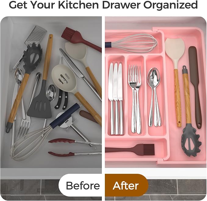 ukeetap Extra Large Expandable Silverware Organizer, Flatware Tray, Pink | BPA-Free Food-Safe Kitchen Utensil Cutlery Drawer Organizer, Adjustable Silverware Holder for Spoons Forks Knives - Image 6