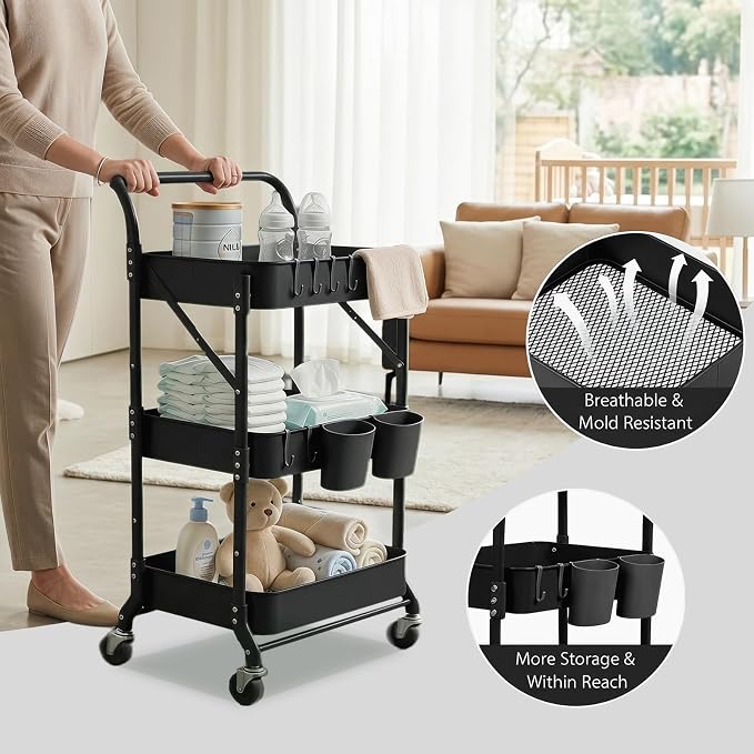 Amatic 3 Tier Foldable Rolling Cart with Wheels, Folding Utility Cart Organizer, Collapsible Rolling Storage Cart with 3 Hanging Cups & 6 Hooks for Kitchen, Office, Nursery(Black) - Image 5