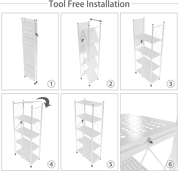 5-Tier Folding Shelf with Wheels No Assembly Portable Shelves | Suitable for kitchen, bedroom, living room, garage,64.6*28*13.4in - Image 7