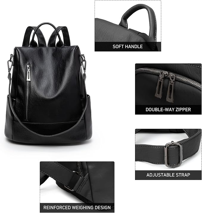 Fashion Backpack Purse For Women Anti-theft Rucksack Pu Leather Lightweight Water-resistant Shoulder Bag, Black - Image 5