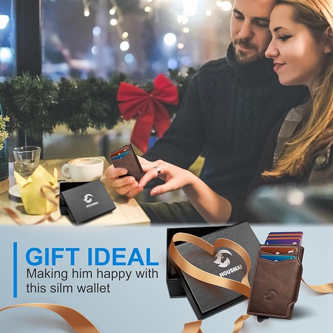 Wallet for Men, Slim Pop Up Card Holder with RFID Blocking, Minimalist Bifold Wallet with 10 Card Slots, 2 ID Window and Money Clip, Metal Flip Case with Magnetic Closure, Gift Box - Image 8