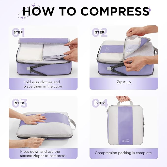 OlarHike 10 Set Compression Packing Cubes for Travel Essentials,Compressible Expandable Space Saver Bags for Organizing Clothes,Luggage Suitcase Garment Bags with Over 1000 pcs Mesh Holes(Purple Gray) - Image 3