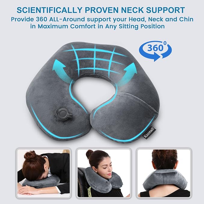 Keemall Inflatable Travel Neck Pillow, Cervical Support for Airplane & Car | Portable Super Soft Foldable Neck Cushion Headrest, Adjustable Support for Plane, Train&Office Naps to Help Relieve Neck Pain - Image 4