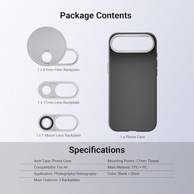 NEEWER Phone Case for Air Only, Modular Protective TPU/PC Phone Cover with 67mm Filter Ring, 17mm Lens Backplate, T Mount Lens Adapter Compatible with Moment MagSafe iPhone Air, PA162 (Black + Silver) - Image 8