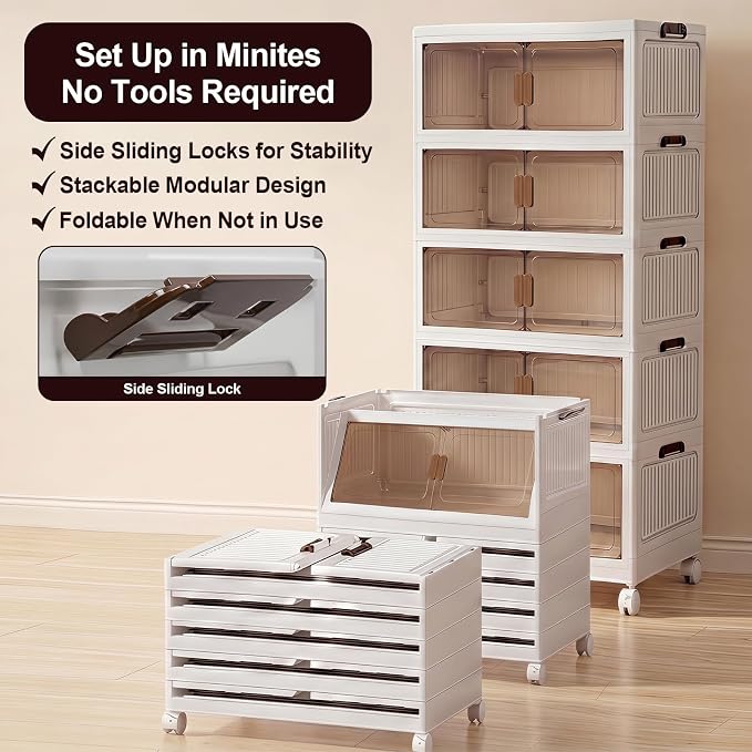 120QT Stackable Storage Bins With Lids, Collapsible Plastic Storage Bins with Wheels and Doors, Foldable Plastic Cabinets for Bedroom Dorm Garage Office Kitchen, 5 Pack - Image 7