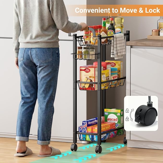 AOODA Laundry Room Cart with Top Detergent Holder, Metal Rolling Storage Cart Between Washer and Dryer, 3 Tier Narrow Laundry Room Organization and Storage with Wheels (Pure Black) - Image 6