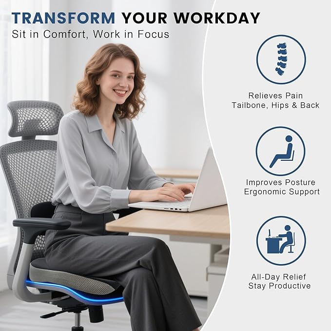 Seat Cushion for Office Chair, Wedge Car Seat Cushion, Memory Foam Truck Seat Cushion for Sciatica Tailbone Pain Relief, Long Driving, Coccyx - Image 3