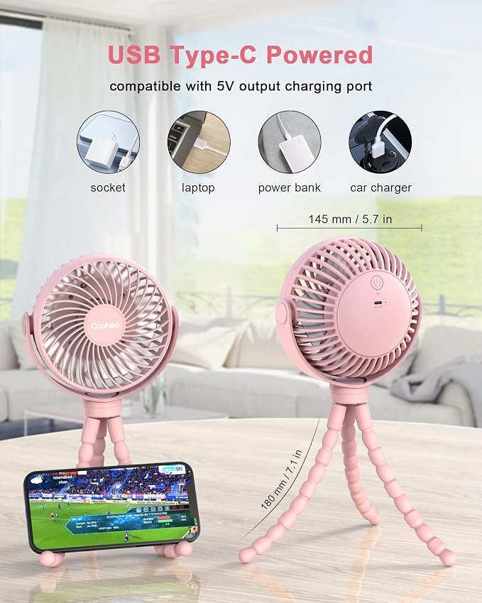 Coohea Clip on Stroller Fan, Rechargeable Long-Lasting Power Wind Fan, Pink | 4000mAh Battery Operated, 360° Rotatable Flexible Tripod, 3 Adjustable Speed, Portable Fan for Car Crib Backseat Beach Travel - Image 6