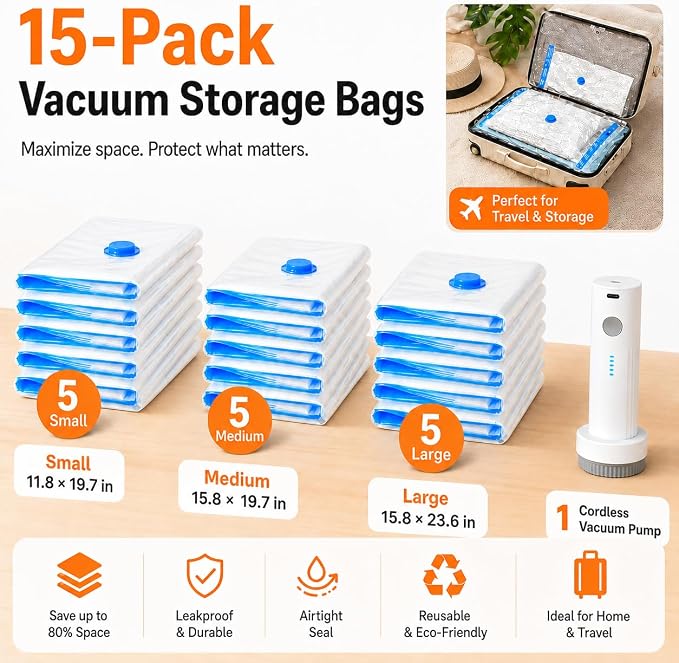 15 Pack Vacuum Bags for Travel with Rechargeable Pump, Save Luggage Space | Transparent Bag Design for Easy Clothing Organization, 1500mAh USB-C Wireless Pump, Ideal for Suitcases, Backpacks, Wardrobes - Image 2