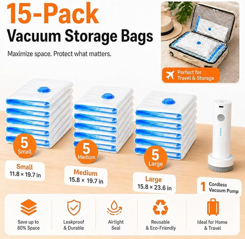 15 Pack Vacuum Bags for Travel with Rechargeable Pump, Save Luggage Space | Transparent Bag Design for Easy Clothing Organization, 1500mAh USB-C Wireless Pump, Ideal for Suitcases, Backpacks, Wardrobes - Image 2