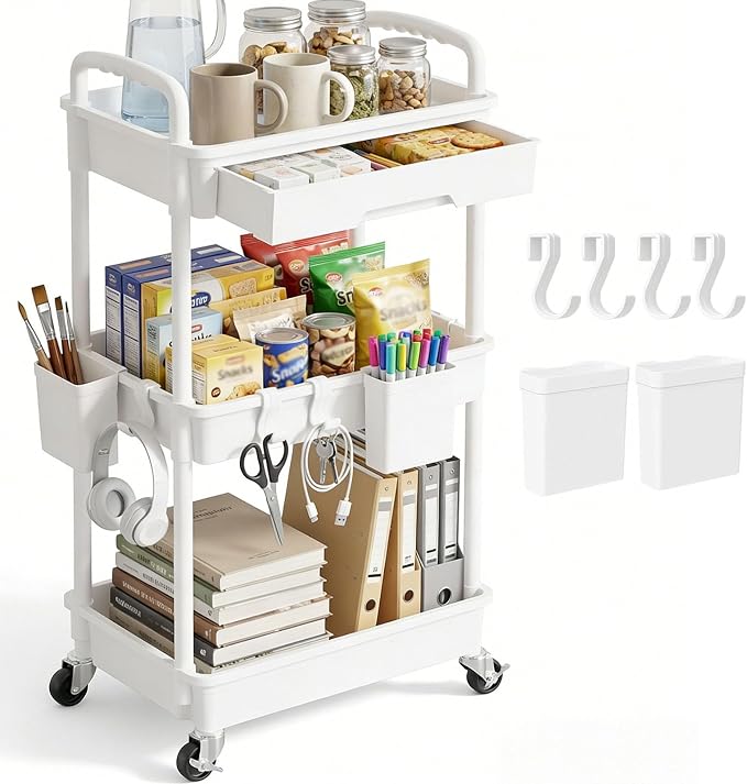 3 Tier Rolling Utility Cart with Drawer, Plastic Storage Organizer Rolling Carts with Wheels Handles Hanging Cups Hooks for Office, Bathroom, Kitchen,Craft Art Room (White) by LLMRR