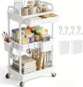3 Tier Rolling Utility Cart with Drawer, Plastic Storage Organizer Rolling Carts with Wheels Handles Hanging Cups Hooks for Office, Bathroom, Kitchen,Craft Art Room (White) by LLMRR
