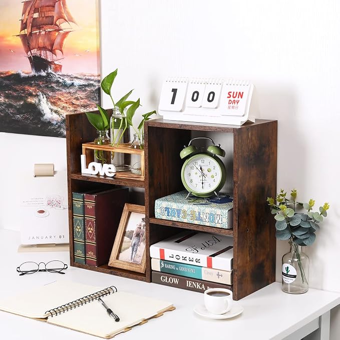 Desktop Shelf Freestanding Wooden Small Bookshelf Desk Supplies Organizers and Accessories Storage Display Rack Office Dorm Decor for Women, Antique Brown - Image 2