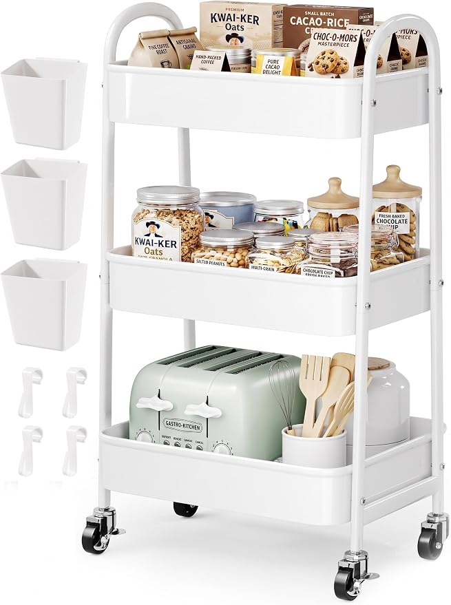 Heavy Duty 3 Tier Rolling Cart Metal with Wheels, White Three Tiered Shelf | Utility Roller Storage Carts Organizer on Wheels for Art, Craft,Baby Nursery, Diaper Caddy,Postpartum,Bedside,Cleaning Supply by Unknown