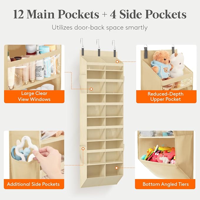 Lifewit 1 Pack Over the Door Organizer, 12 Section Clear Window Hanging Storage with 4 Side Pockets, Sturdy Anti Tilt 40 lbs Load Behind Door for Closet, Bedroom, Bathroom, Nursery, Dorm, Beige - Image 3