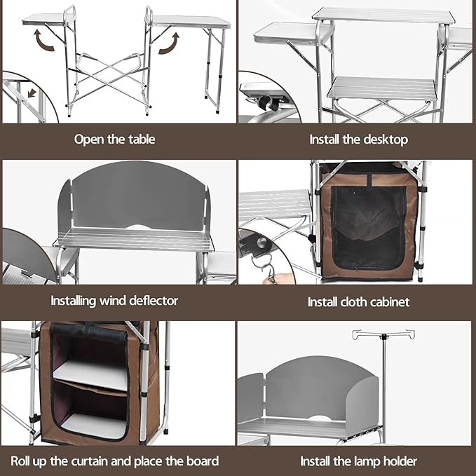 CampLand Folding Camping Kitchen Table with Windscreen,Portable Outdoor Cooking Station with Storage Cabinet & Side Tables Heavy Duty Camp Cook Station for Camping & BBQ（White） - Image 4