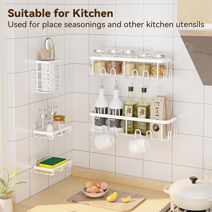 Shower Caddy Adhesive, Rustproof Shower Organizer, Wall Shower Rack | Large Capacity Shower Shelves for Inside Shower, Shampoo Shower Holder, White, 2 Caddies, 2 Soap Dishes, 1 Toothbrush Holder - Image 7