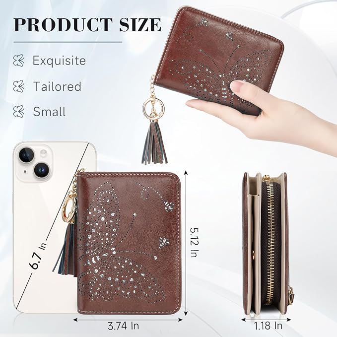 KITEVIUN Women RFID Blocking Small Bifold Wallet, Compact Cash Clutch with Zipper Coin Pocket, Glittery Butterfly Design, Credit Card Holder, Travel Purse with Tassel COFFEE - Image 3