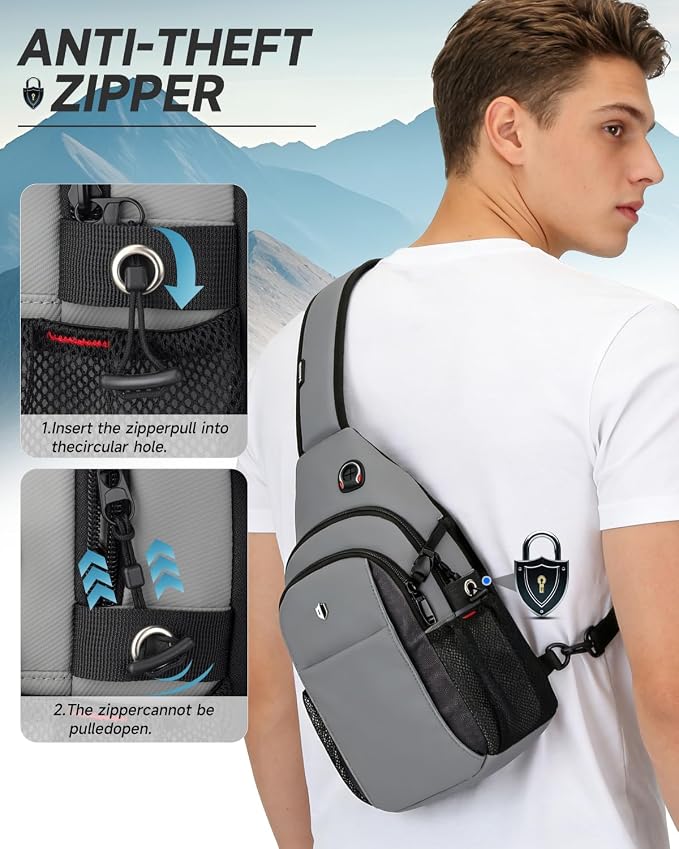 Anti-Theft Sling Bag for Men, Water Resistant lightweight Crossbody Backpack With Side Pocket, Built-in Audio Port, Reversible Strap, Travel Hiking Chest Pack Fits 11 inch iPad & Switch 2 - Image 6