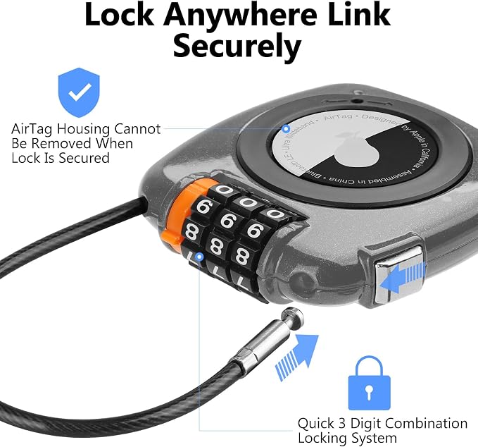 Compatible with Apple AirTag Secure Lock with Wire Cable, 3-Digit Combination Luggage Locks, Alloy Body Ultra Durable Anti-Lost Protective Case for Luggage, Bags, Suitcase, and Backpacks (Grey) - Image 2