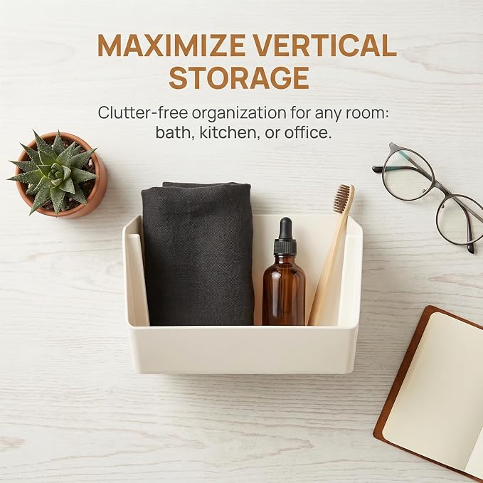 Wall Mounted Storage Organizer Bins, Shower Caddy Kitchen Shelf Floating, Space Saving Shelves Box with Adhesive Pads, Stackable Organizer for Bathroom、Office、Snacks、Refrigerator、Countertops - Image 2