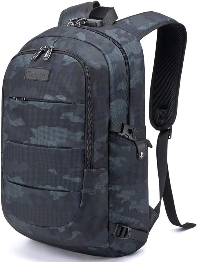 Tzowla Travel Laptop Backpack Water Resistant Anti-Theft Bag with Giant Tumbler Holder Pocket and Lock 15.6 Inch Computer Business Backpacks for Women Men Work College Gift,Casual Daypack(BlueCamo) by Tzowla