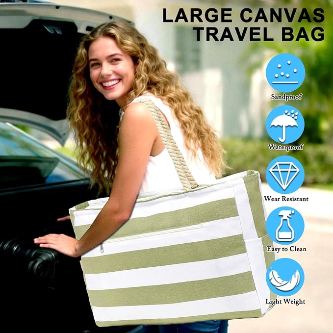 Fammart Beach Bags Waterproof Sandproof for Women, Large Canvas Pool Bag with Leakproof Wet Pocket & Zipper Cruise Essentials - Image 8