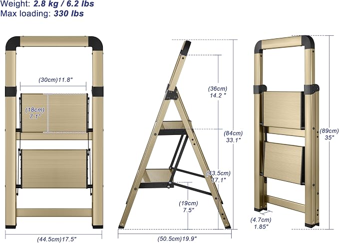 Step Ladder 2-Step Champagne Finish Aluminum Folding Ladders | Anti-slip Sturdy Foldable Ladder Step Stool for Kitchen Home Office Libaray - Image 2