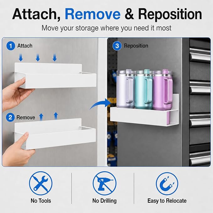 4 Pack Magnetic Cup Holder Heavy Duty, 12 Cup Capacity Water Bottle Organizer fit for Stanley Cup, Tumbler Storage Rack for Kitchen, Side of Fridge, Garage, Laundry Room, Cabinet, Pantry, RV - White - Image 7