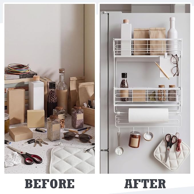 Vercraft 3 Tier Magnetic Dorm Fridge Organizer Heavy Duty 66lbs over Dorm Fridge Shelf Essentials Paper Towel Holder with Sliding Basket Hook Side of Fridges Storage Rack Space Saving Kitchen(White) - Image 6