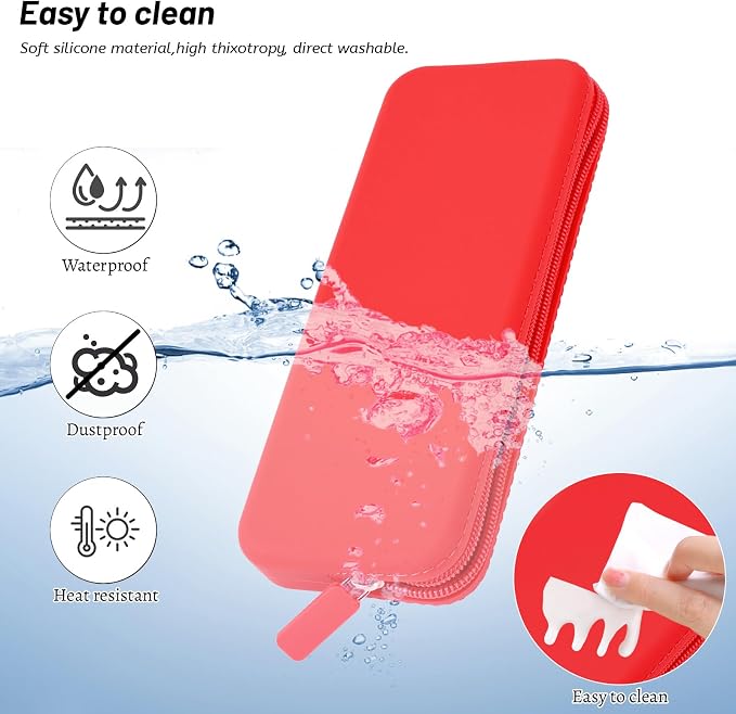 Travel Makeup Brush Holder, Waterproof Silicone Makeup Brush Bag with Zipper Closure, Soft Portable Makeup Brushes Organizer, Small Cosmetic Bag for Daily Work (Red) - Image 4