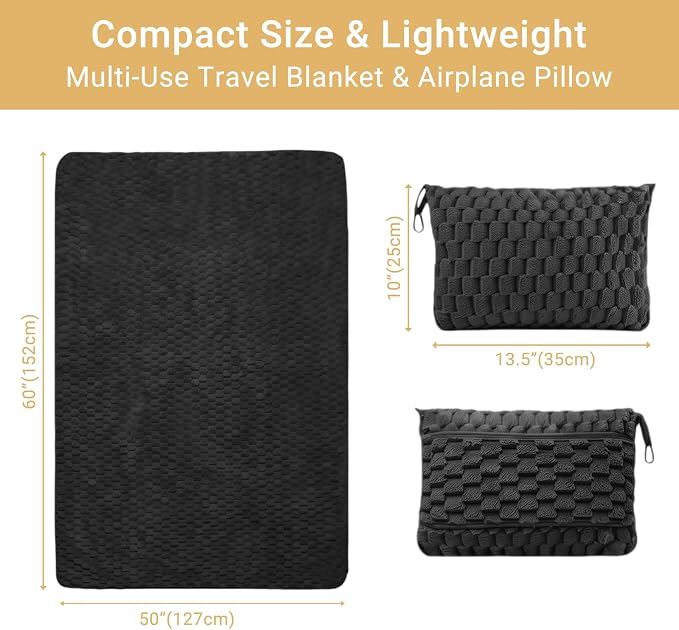 Travel Blanket with Bag, Soft Fleece Portable Airplane Blanket, Black | Soft fleece travel blanket 50x60in grey. 5-in-1: pillow, lumbar support, shawl, hand warmer. Washable, luggage sleeve, clip. - Image 6