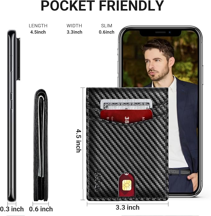 VATAN Wallet for Men Slim RFID Blocking Leather Credit Card Holder Wallet for 15 Cards, Bifold Minimalist Thin Wallet with 2 ID Windows & Cash Slot, With Gift Box (Carbon Fiber Black) - Image 4