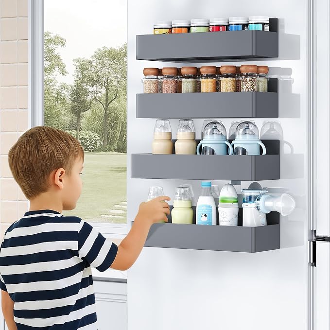 Mystozer Magnetic Spice Rack for Refrigerator, Kitchen Organizer and Storage Shelf, Grey(2 Pack) - Image 7