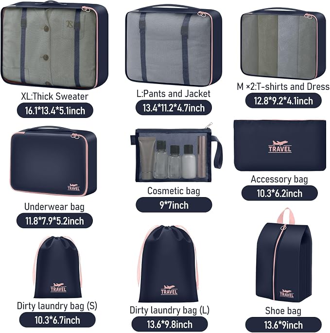 Packing Cubes for Travel- 8 Set Luggage Organizer Bags for Family, Mesh Breathable Travel Packing Cubes for Suitcases Durable Travel Essentials Bags Set (Navy Blue, 10 Set) - Image 2