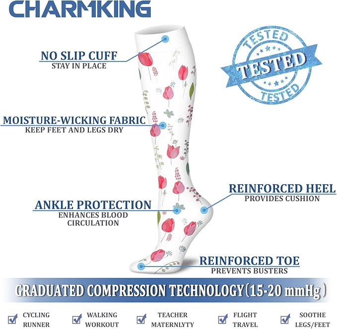 CHARMKING Compression Socks for Women & Men Circulation (8 Pairs) 15-20 mmHg Best Calf Socks Support for Athletic Cycling - Image 4