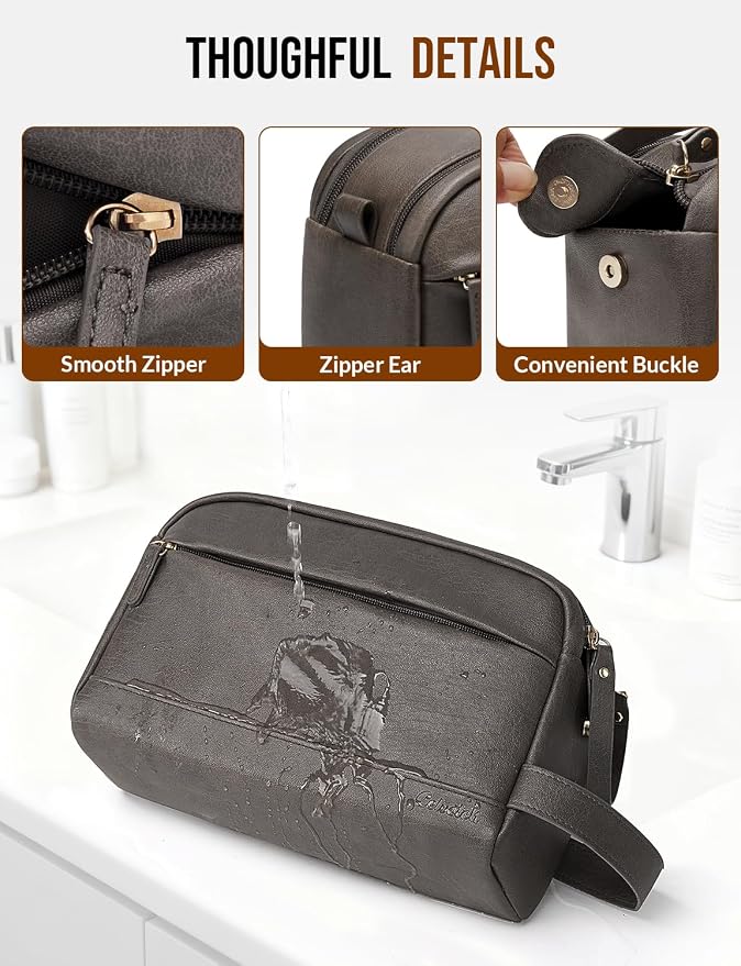 PU Leather Toiletry Bag for Men - Water Resistant Travel Bag for Toiletries, Bathroom Essentials, Accessories - Grey - Image 5