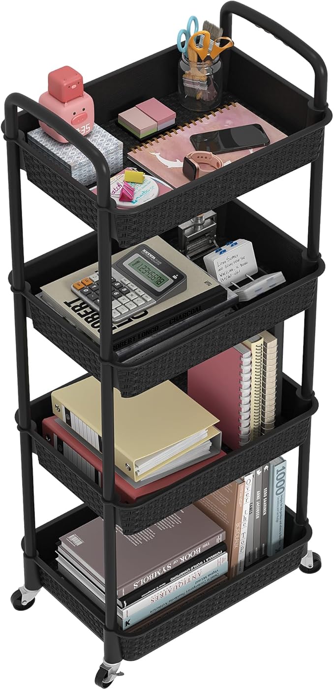 MOYIPIN 4-Tier Plastic Rolling Utility Cart with Handle, Black | Utility Storage Cart for Office, Living Room, Kitchen,Movable Storage Organizer，Easy installation，Rattan-like art design by MOYIPIN
